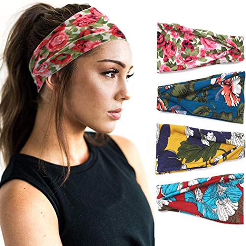 Nicute Boho Elastic Headbands Turban Wide Hair Bands Outdoor Red Head Wraps for Women and Girls(Pack of 4)