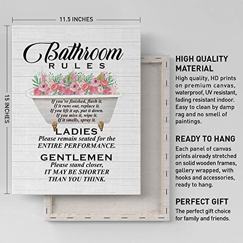 Funny Bathroom Canvas Wall Art, Bathroom Rules, Humor Quote Artwork Print Bathroom Wall Decor Framed Toilet Paintings Home Wall Decorations For Restroom Wash Laundry Bath Room, Ready To Hang 12"X15" #TOP1