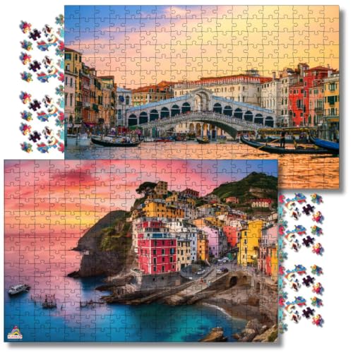 Image of World Wonders Series 2-in-1 252 Piece Jigsaw Puzzle Combo Pack - Cinque Terre & Italy & Sunset Rialto Bridge Venice Scenic Landscape Puzzles | Focus, Relaxation & Family Activity Gift Set