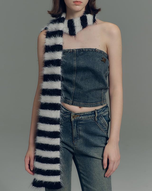 BAIMORE Women's Chic Black and White Striped Warm Faux Mink Skinny Long Scarf3