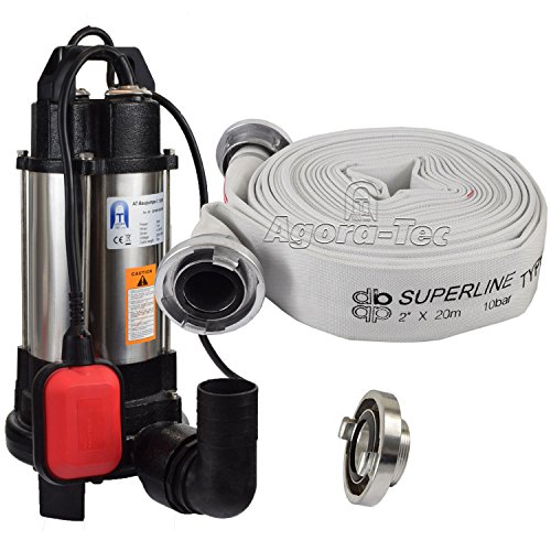 Agora-Tec® Schmutzwassertauchpumpe C-750W mit Schneidwerk und C Schlauch 20m - Tauchpumpe Abwasserpumpe für Fäkalien und organische Feststoffe max: 0,75 bar max: 14000l/h - inklusive C STORZ Kupplung