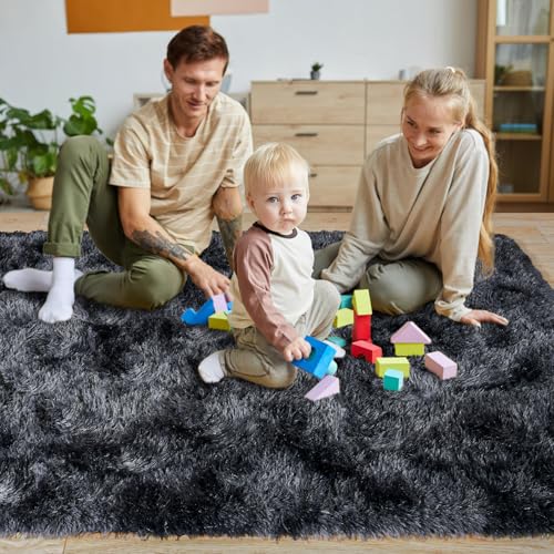 KING DARE 9x12 Area Rug for Living Room Plush Carpet, Soft Fluffy Shaggy Fuzzy Furry Large Tie-Dyed Black Gray Rug, Anti-Slip Washable Modern Floor Rug for Bedroom Home Aesthetic Decor