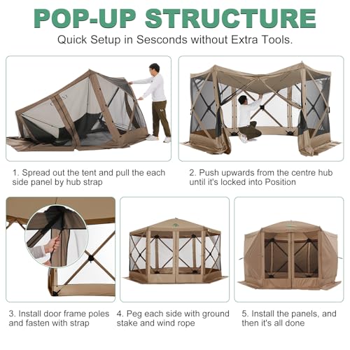 Image of COBIZI 12x12 FT Pop Up Canopy Shelter Tent, Large Gazebos On Clearance with Sidewalls, Screened in Gazebo, Screen Tents Portable carpas para Patio for Outdoor Camping, Backyard, Garden, Beach,Khaki