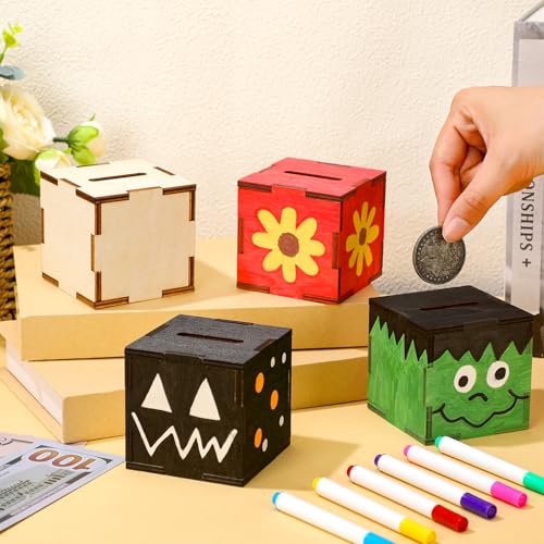 Image of Briwooody 12 Set Wooden Piggy Bank Unfinished Savings Bank for Boys Girls | DIY Craft Set with Coloring Pens, Tip Jar Cash and Change Container, Ideal for Family Interactive Play, Classroom Creation