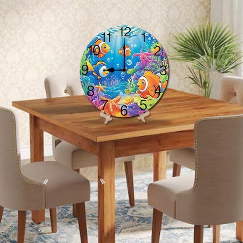 Underwater Life Fish Algae Coral Reef Shark Starfish Round Wood Wall Clock, 10 Inch Battery Operated Analog Quiet Desk Clock for Home,Kitchen,Office,School,Bathroom