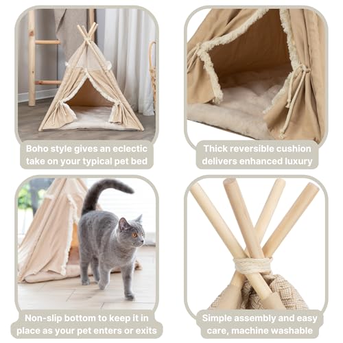 Trixie rutschfestes Tipi für Hunde und Katzen im angesagten Boho-Design Tipi Boho, 55 × 65 × 55 cm, BEIGE - mit integriertem, waschmaschinengeeignetem Wendekissen - 38211