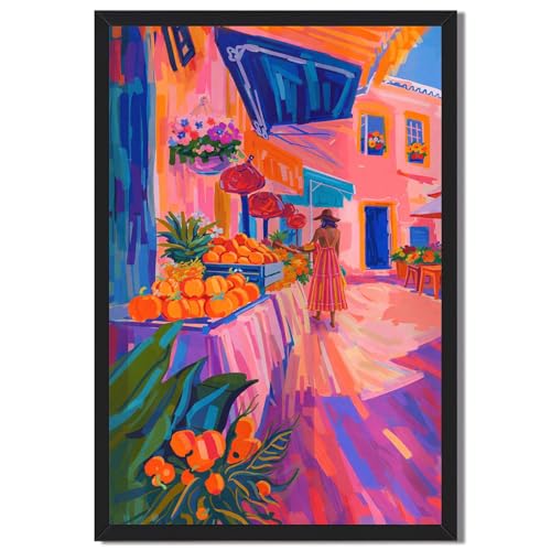 Framed Colorful Street Market Poster Canvas Print Art Modern Boho Painting Wall Art Pictures Wall Decor Trendy Stunning Art Print for Living Room Bedroom Home Decor Decoration (Black framed,12L X16W)