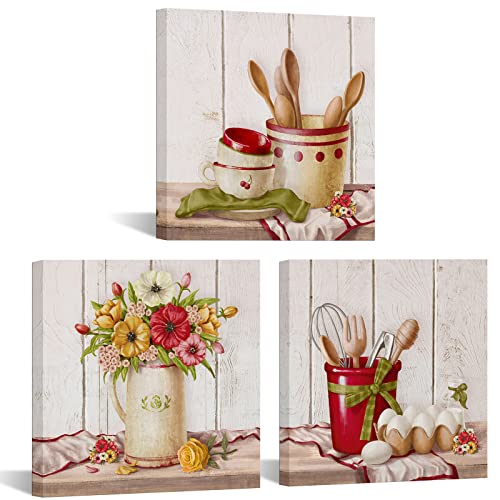 iKNOW FOTO 3 Pieces Canvas Painting Wall Art Fork and Spoon Utensils Picture Printed on Canvas Kitchen Artwork Gallery Wrap Ready to Hang for Restaurant Bar Decoration Each Size 12x12inch (Small)