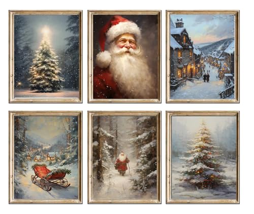 WINDVALE Christmas Wall Art Set of 6, Vintage Santa Claus Prints & Retro Scene Paintings, Winter Holiday Wall Decor for Fireplace, Hallway & Living Room (8x10 Unframed)