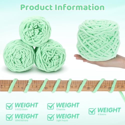 Image of Buryeah Chunky Chenille Yarn for Crocheting Soft Thick Fluffy Yarn for Hand Knitting Bulky Velvet Blanket Plush for Weaving DIY Crafts Each 3.5 oz 55 Yards(Light Aqua,4 Pack)