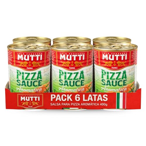 Salsa para Pizza Aromatizada Mutti, elaborada con Tomate 82,4%, agua, sal, albahaca 0,05%, orégano 0,04%, cebolla 0,03%, aroma natural, Sin Gluten, Sin Lactosa, Producto Italiano, 6 Latas de 400 gr