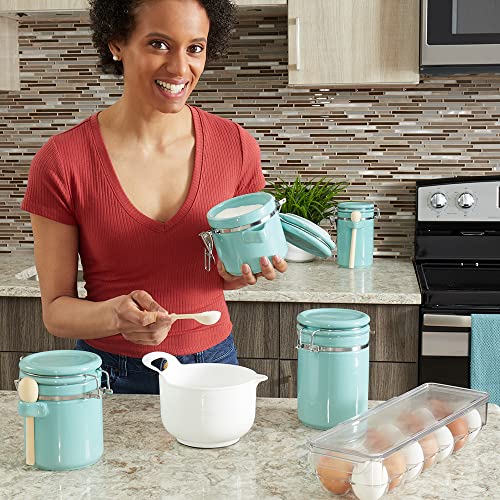 Canister Sets For The Kitchen (4 Piece) Turquoise, High Gloss Ceramic | By Home Basics | Decorative Kitchen Set | With Wooden Spoons, Countertop Set For Flour, Sugar, Coffee, And Snacks #TOP5
