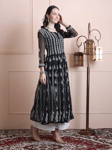 Image of FAWOMENT Women's Designer 56 Kali Kurta with Fine Lucknowi Hand Embroidered Chikankari