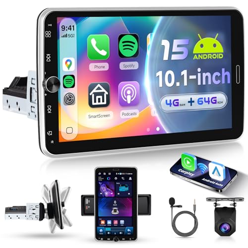 VECHTEL 4G+64G Android 15 Radio Coche Bluetooth con Carplay Android Auto Inalámbrico, Autoradio 1 Din con Pantalla Táctil Giratoria de 10.1'' HD con Bluetooth GPS Wi Fi FM RDS Enlace Espejo USB Cámara