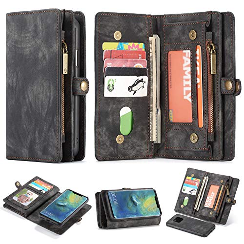 Preisvergleich Produktbild Simicoo Mate 20 Pro Leder Schutzhülle mit 11 Kartenfächer Standfunktion Reißverschluss Abnehmbare Magnetverschluss Robuste Silikon Brieftasche Tasche Handtasche für Mate 20 Pro (Black)