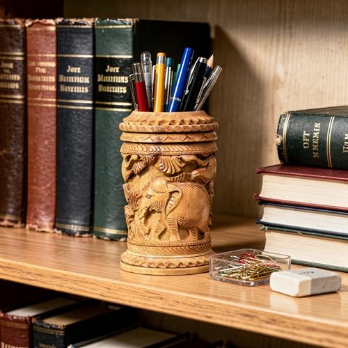 Image of Craft Trade 13x8 Cm Wooden Hand Carved Pen Stand Pencil Holder - Brown Elephant
