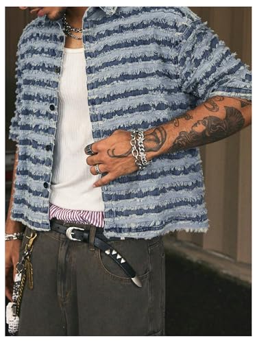 Men's Striped Raw Hem Denim Jacket Button Down Short Sleeve Jean Shirt Streetwear4