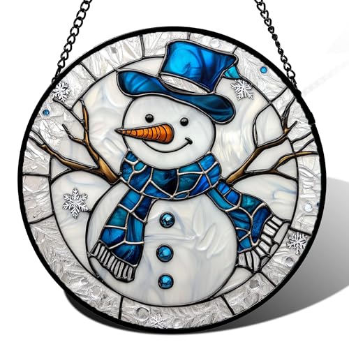 Image of DASTOLL Stained Glass Window Hanging Christmas Snowman Blue White Large 15 inch - Suncatcher Door Garden Sun Catcher Home Decor Birthday Mother's Day Xmas Gift for Mom Men Woman Her Nana Parents Girl