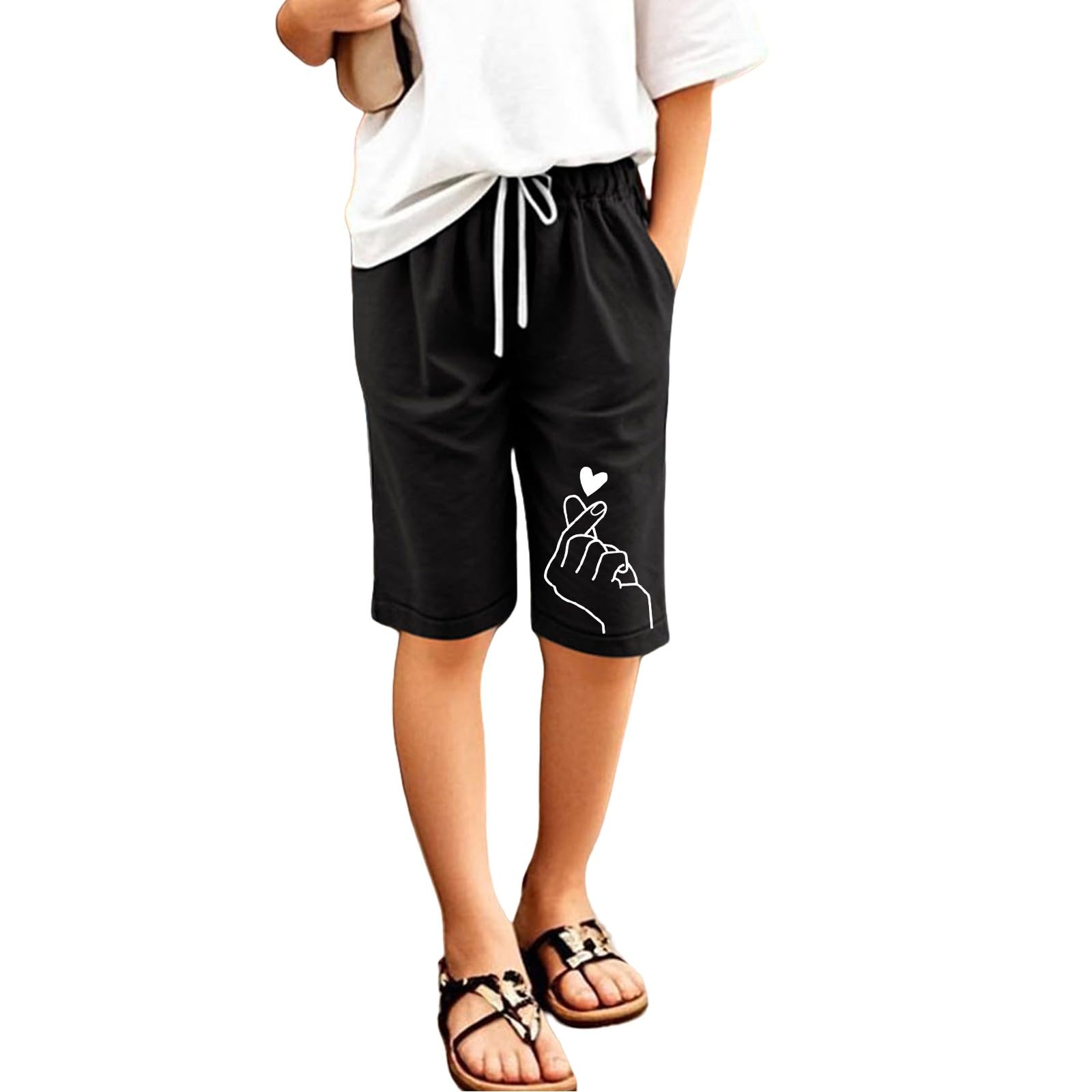 Generisch Leinenhose Kurze Mädchen Leicht Shorts Sommer Freizeit Hose Baumwolle Leinen Strandshorts Elastische Taille Sommerhose Elegant Einfarbig Stoffhose mit Taschen Sweatshorts
