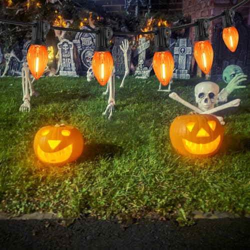 Image of 12FT C7 Orange LED String Lights, Black Wire Outdoor Halloween | IP44 Waterproof & Shatterproof, End-to-End Connectable, Perfect for Patio, Porch, Railing, Party or Holiday Decor