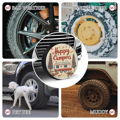 Image of Heavy Duty Spare Tire Cover Happy Campers Weatherproof Universal Wheel Protectors Camper Trailer Campfire Tire Cover Universal Fit for Trailers SUV Truck Camper Travel 16 Inch