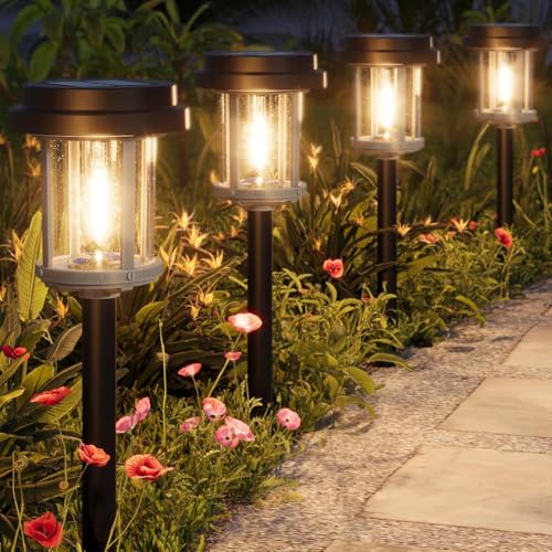 XMCOSY+ Solar Pathway Lights Outdoor, Garden Lights with Metal & Glass, 20 LM Warm Bright Light, Outside Solar Powered Lights for Yard Waterproof Landscape Lighting Walkway(Black & Grey)