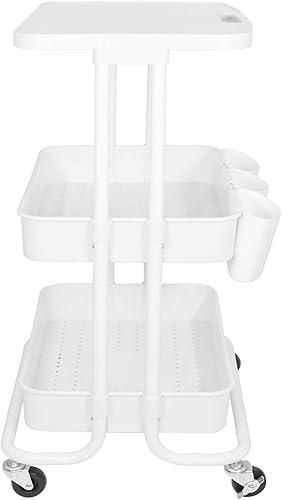 Miniatura 8 de Carrito de cocina de almacenamiento de 3 niveles con mesa, marco de metal blanco con cestas de plástico, carrito móvil funcional con ruedas,
