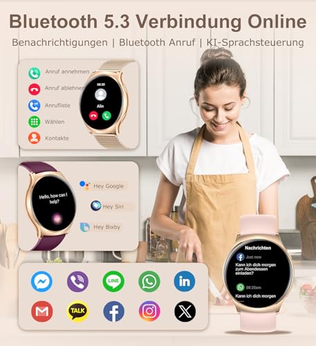 Smartwatch Damen Rund mit Telefonfunktion, 1,43 Zoll AMOLED Always-On-Display Fitnessuhr mit 100+ Sportmodi, Herzfrequenz, Schlafmonitor, Menstruationszyklus, Schrittzähler, Armbanduhr für Android iOS – Bild 4