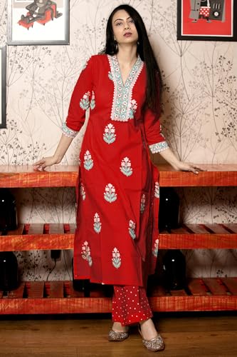 Image of GoSriKi Women's Cotton Blend Straight Hand Block Printed Kurta with Pant & Dupatta | Ethnic Wear for Women | Indian Casual Office Daily Summer Outfit