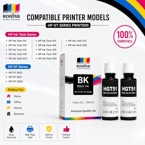 Image of ROHINK GT51 GT52 Ink Refill Dye Ink Compatible with HP Ink Tank 115, 310, 315, 319, 410, 415, 416, 419, 455, 500, 515, 530, 615, GT 5810, GT 5811, GT 5820 (70ML*2 Black)