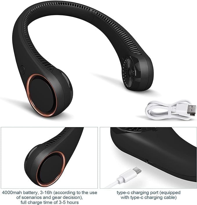 Image of TMY Portable Hanging Bladeless Neck Fan (Black) | Rechargeable Battery Operated Personal Fan | 3 Speed Wearable Cooling Fan | Hands-Free USB Neck Fan for Travel, Office, Outdoor & Gym (1305) (TMY38)