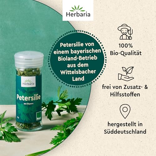 Herbaria Petersilie BIO | Getrocknet in BIOLAND Qualität | Fein-würziges Gewürz für Suppen, Soßen & Gemüsegerichte | Küchenkräuter Frisches-aromatisch | Premium Bio-Gewürz im 8g Gewürzstreuer