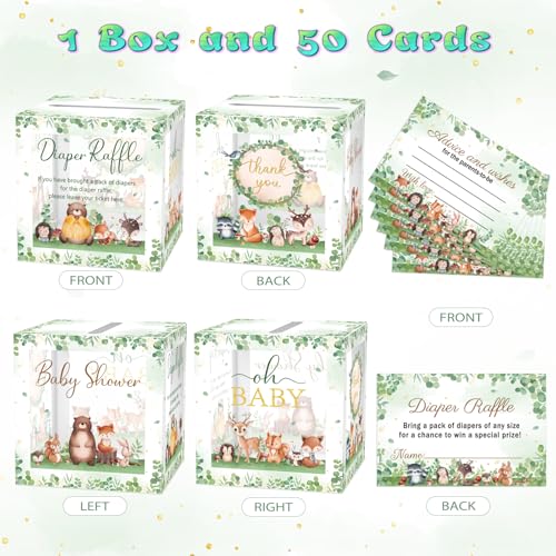 Image of 51Pcs Woodland Diaper Raffle Tickets with Box for Baby Shower Games, Oh Baby Diaper Raffle Card Box with Cards, Greenery Forest Animals Raffle Gender Reveal Raffle Party Decoration Card Box