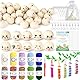 HUALIANG 101 Stück Sorgenwürmchen Häkeln Set, 50 Holzkugeln mit Gesicht 20mm, mit 10 Häkelgarn Bunt, Haken, Organzabeutel, Schlüsselring und Karten für DIY Glückswürmchen Handwerk Schlüsselanhänger