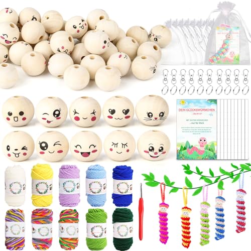 HUALIANG 101 Stück Sorgenwürmchen Häkeln Set 50 Holzkugeln mit Gesicht 20mm mit 10 Häkelgarn Bunt Haken Organzabeutel Schlüsselring und Karten für DIY Glückswürmchen Handwerk Schlüsselanhänger