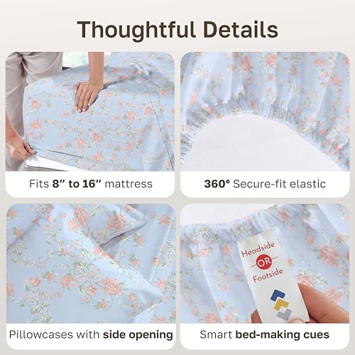 Image of California Design Den Soft Cotton Bed Sheets Cal King Size Set, 400 TC Good Housekeeping Award Winner, Smooth Sateen Finish with Deep Pockets, Cozy and Durable Cotton Bedding Set - Floral Blue /Pink