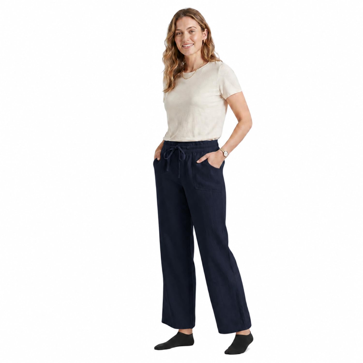 Octave Women's Dark Navy Octave® Wide Leg Trouser High Waisted Palazzo Pant With Drawstring Pocket Summer Casual Joggers Sweatpant For Yoga,Lounge & Outdoor Wear Invisible Liner Socks Set(Dark Navy18,Black Socks)