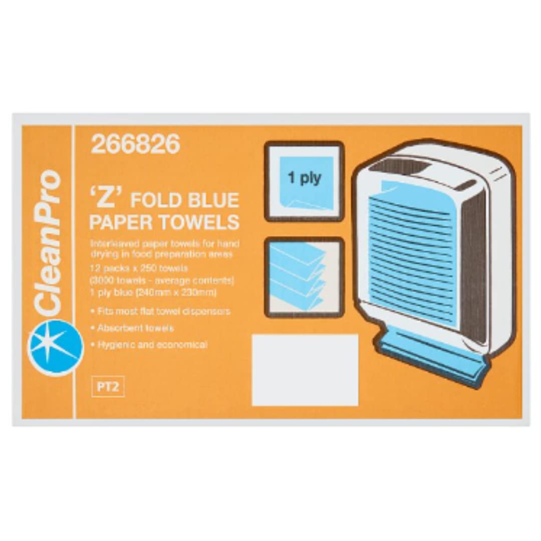 CleanPro 'Z' - Asciugamani di carta piegati, 1 velo, 12 confezioni da 250 fogli, 1 custodia