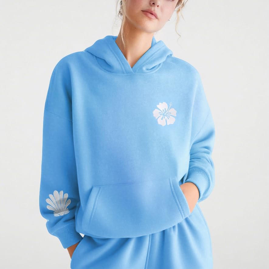 Amiblvowa Preppy Oversized Graphic Hoodies for Women Teen Girl Long Sleeve Pullover Embroidery Hibiscus Sweatshirt Beachwear - Image 4