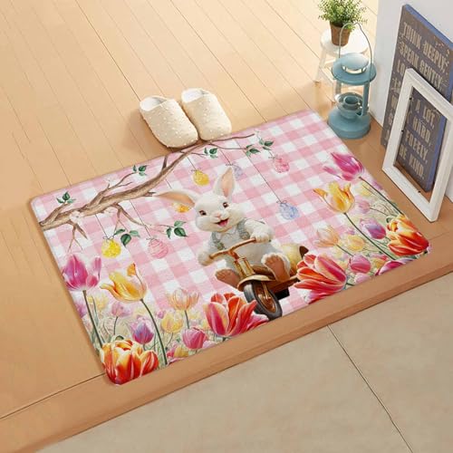 Easter Bunny Kitchen Bath Door Mat Cushioned Runner Rug,Washable Welcome Floor Sink Antifatigue Mat,Waterproof & Non-Slip Comfort Standing Doormat,Plaid Pink Eggs Tulip Aesthetic Floral 18