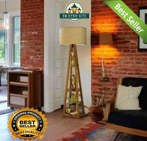 Modern Wooden Floor Lamp with Plant Stand | Tripod Design Decorative Standing Lamp for Living Room, Bedroom & Home Décor 4