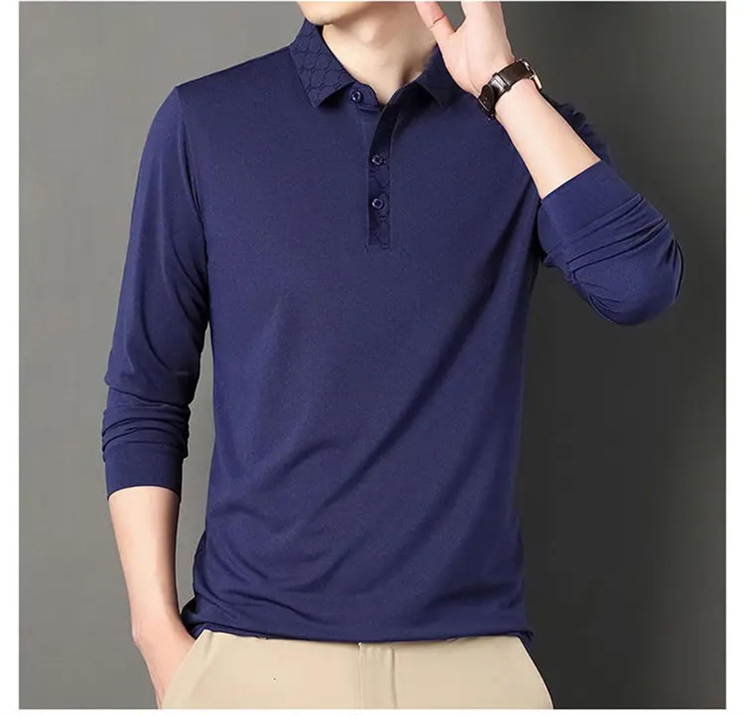 Camisa de manga larga delgada y elegante para hombre, cuello polo, color liso, para negocios, para hombre