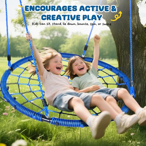 Image of Trekassy 750lbs 40 inch Spider Web Saucer Tree Swing for Kids Adults, Outdoor Net Swing with Steel Frame and 2 Hanging Straps-Blue+Black (Patented)