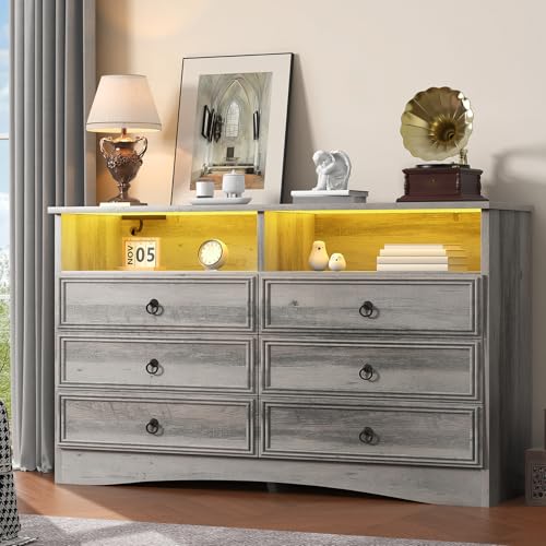 VVFLU Grey 6 Drawer Dresser for Bedroom with LED Lights