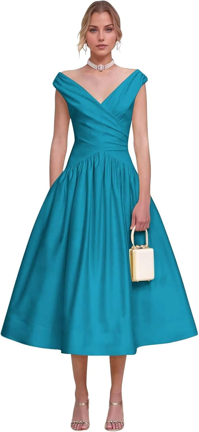 Monlity Prom Dresses for Women Satin V Neck Pleated A Line Cocktal Party Gowns Midi Wedding Guest Dress
