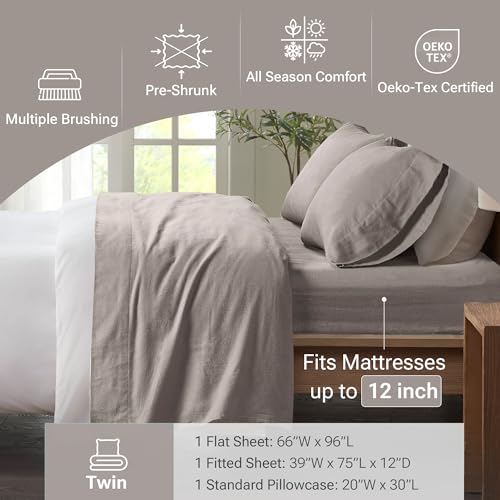True North by Sleep Philosophy Cozy Flannel Warm 100% Cotton Sheet - Novelty Print Animals Stars Cute Ultra Soft Cold Weather Bedding Set, Twin, Grey Solid 3 Piece