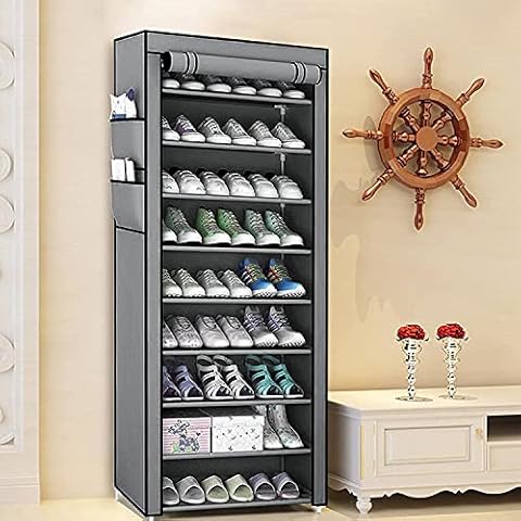 10 Tier Shoe Rack Shoe Storage Rack with Dustproof Cover, 160 x 58 x 28 cm, for 27 Pairs of Shoes, Grey Cover