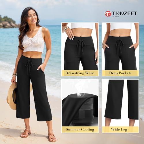 Image of TNNZEET 3 Pack Women's Wide Leg Pants with Pockets - Casual Loose Yoga Trouser Pants Sweatpants Palazzo Lounge Pajama Pants