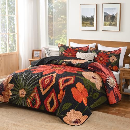 Image of Andency Floral Boho Quilt Super King Plus Size Bedding Set Black, 3 Pieces Farmhouse Flower Botanical Summer Bedspreads with 2 Shams, Soft Reversible Polyester Coverlet Set for All Season, 128 inchx120 inch