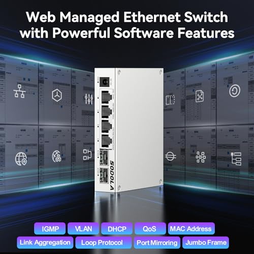 Image of SODOLA 6 Port 2.5Gb Easy Web Managed Switch, 4 x 2.5G Base-T Ports, 2 x 10G SFP+,Aluminum Alloy Cooling & Magnetic Mounting - LACP /QoS /VLAN /IGMP Managed Multi-Gigabit Switch for Homelab